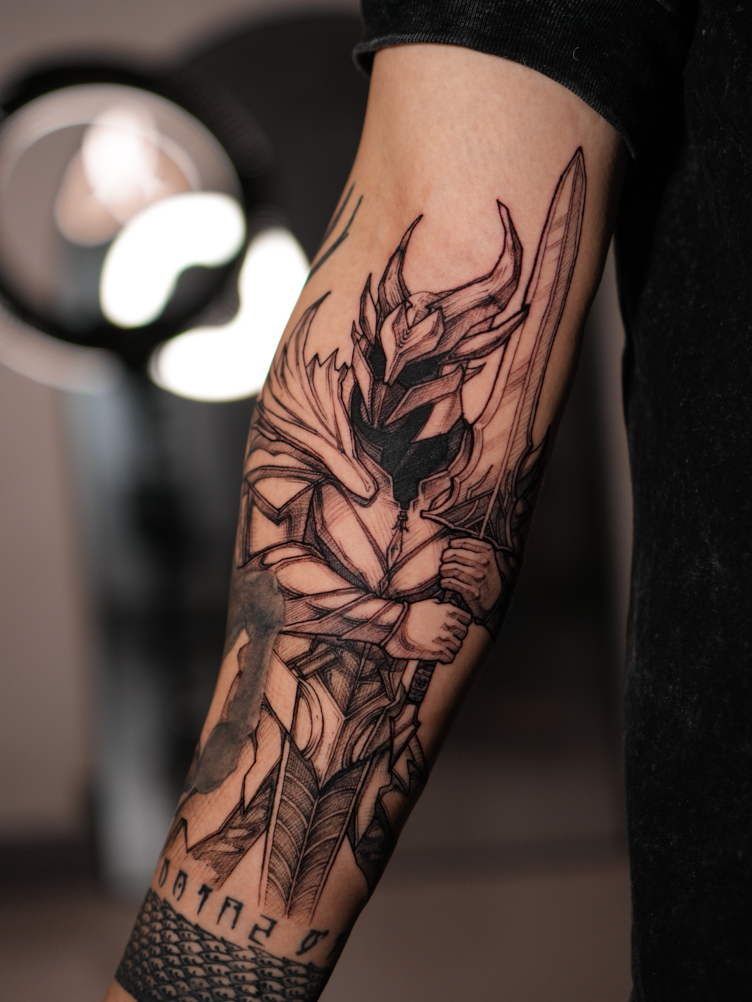 Graphic knight forearm tattoo