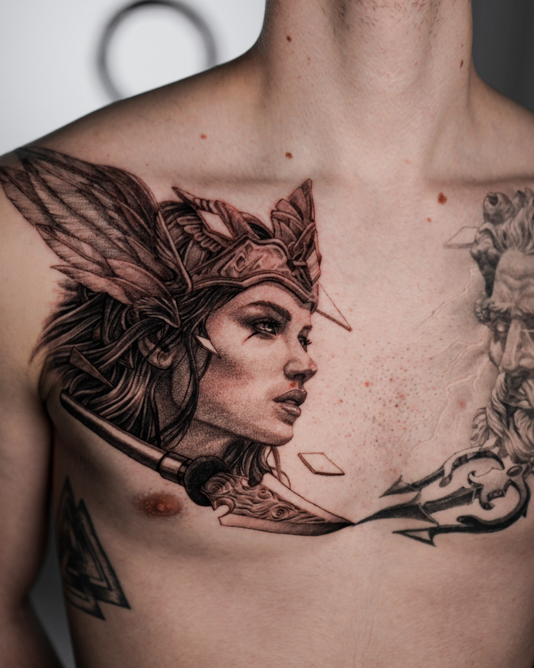 Realism valkyrie chest tattoo
